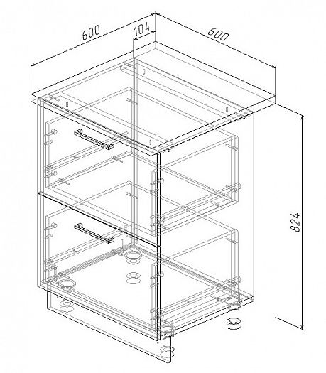 Модуль нижний 2 ящика "Вегас" Арт. МН2Я 60 (без столешницы) - схема
