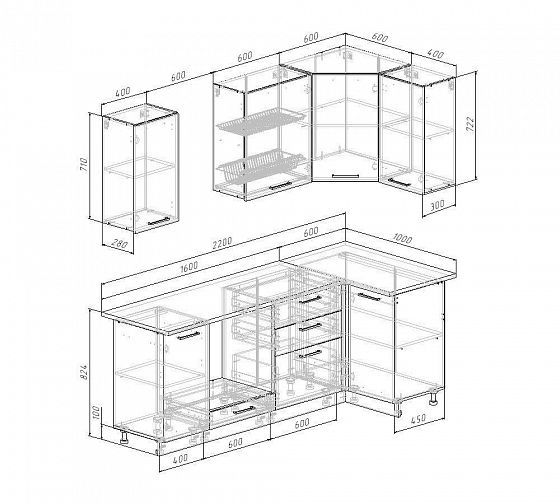 Кухонный гарнитур угловой "Латте" 2200*1000 мм - Схема модулей